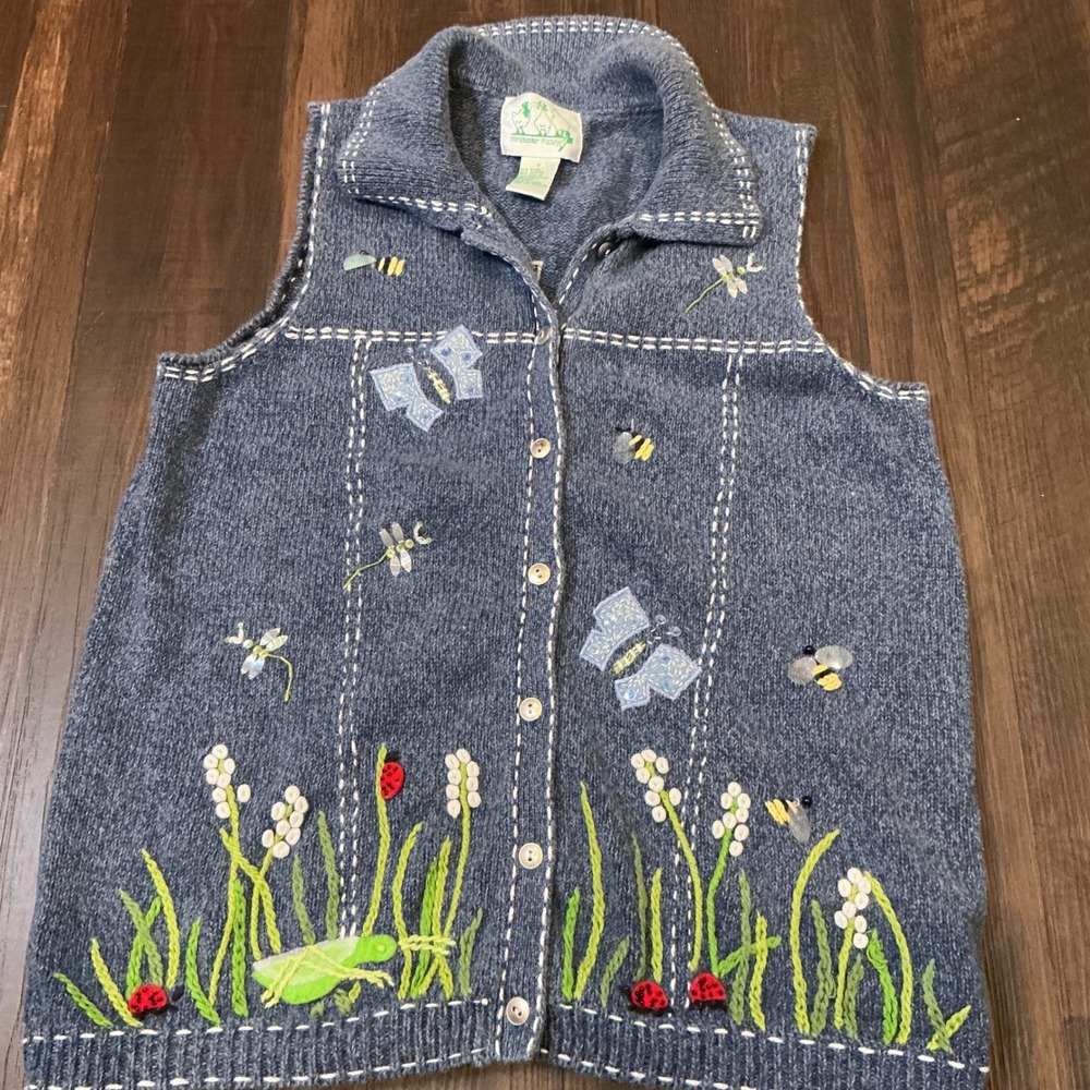 The Quacker Factory Garden Embroidered Sweater Vest Blue Button Up Small Boho